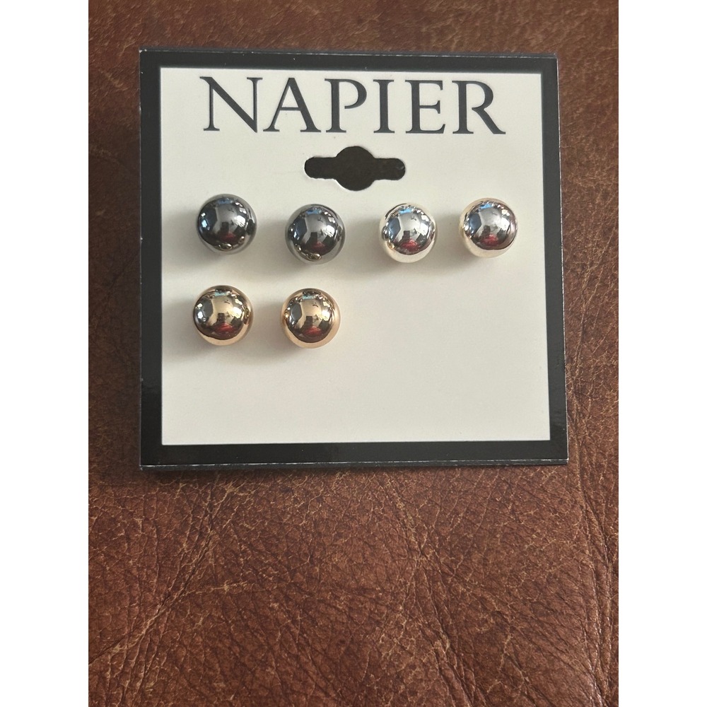 Napier 3 Pair Ball Stud Earring Set Gold Silver Gunmetal Tone High Polish